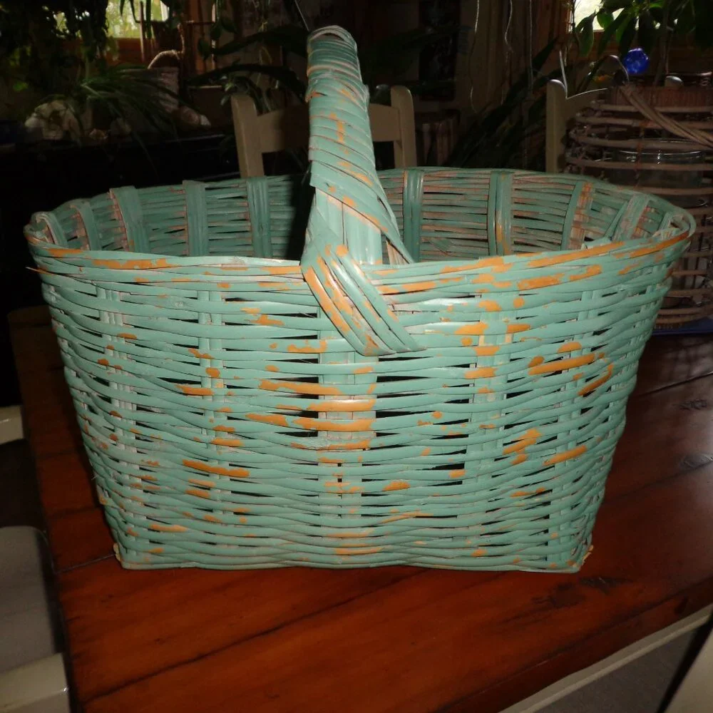 Painted Handled Wicker Basket Distressed Aqua Sturdy
